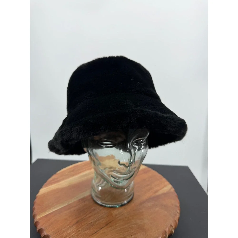 INC International Concepts Faux Fur Bucket Hat Womens OS Black Plush Cozy